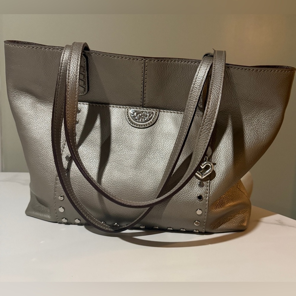 Brighton Metallic Taupe Leather Tote with Heart Charm